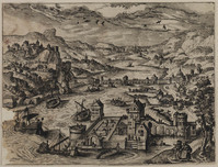 TvB G 0556
<br/>
Kasteel in de rivier (uit een serie van 16 "landschappen")
<br/>
<em>Cock, Hieronymus (1510 - 1570)</em>